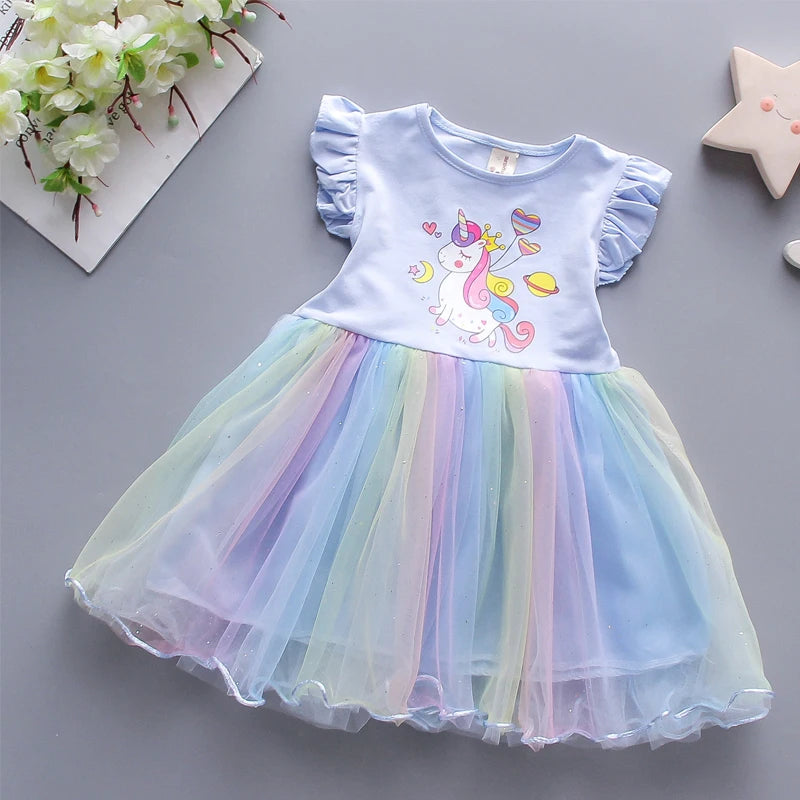 Girls Dress 2024 New Summer Princess Dresses Flying Sleeve Kids Clothes Unicorn Party Baby Dresses For Children Clothing 3-8Y