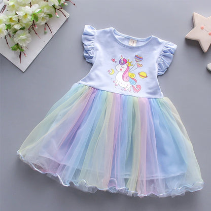 Girls Dress 2024 New Summer Princess Dresses Flying Sleeve Kids Clothes Unicorn Party Baby Dresses For Children Clothing 3-8Y