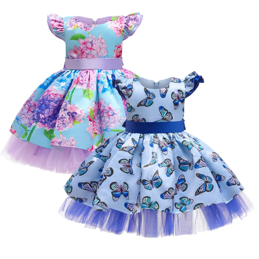 Girls Summer 2025 Clothing Floral Princess Dresses Butterfly Print Mesh Dress Toddler 1-4Y Girls Vestidos Children Clothing