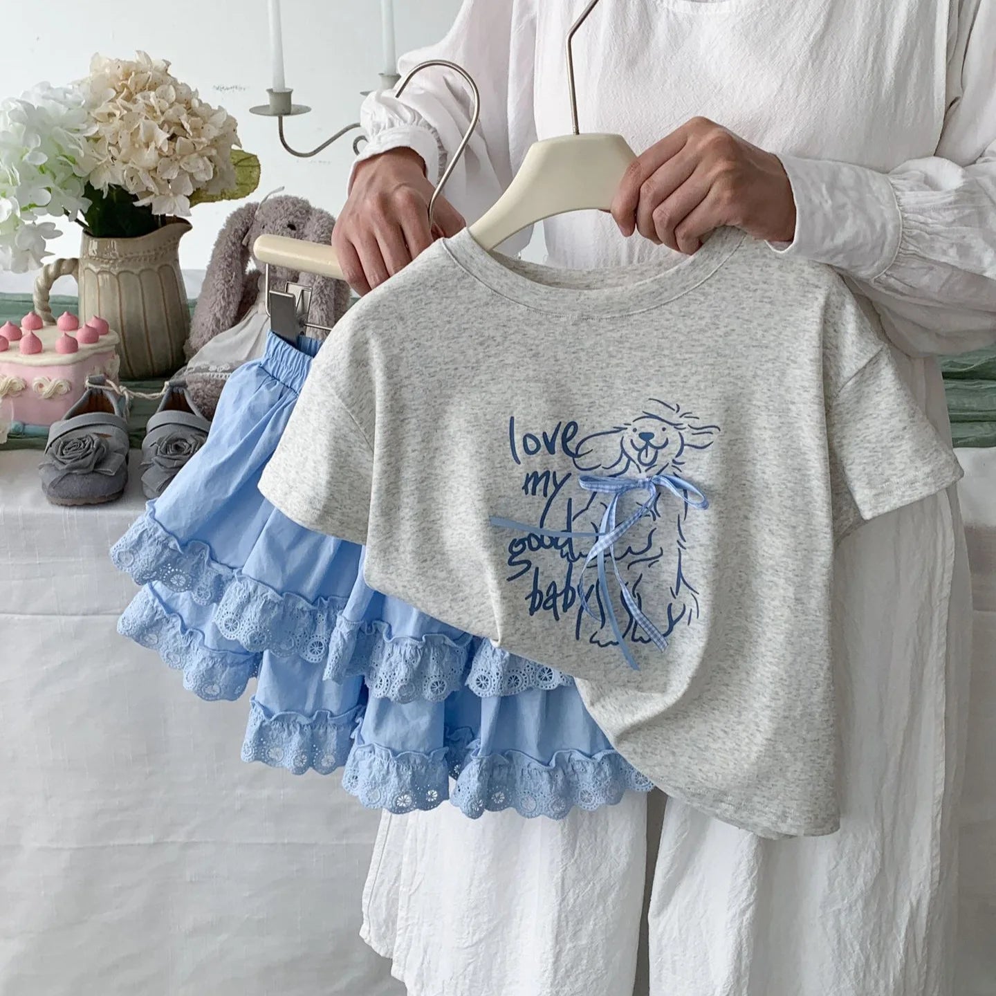 Girls 2025 Summer New Cartoon Short Sleeve T-Shirt Female Treasure Cute Bow Half-Sleeved Top Lace Skirt Set