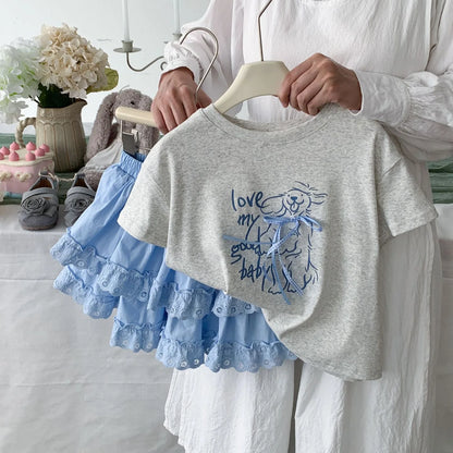 Girls 2025 Summer New Cartoon Short Sleeve T-Shirt Female Treasure Cute Bow Half-Sleeved Top Lace Skirt Set