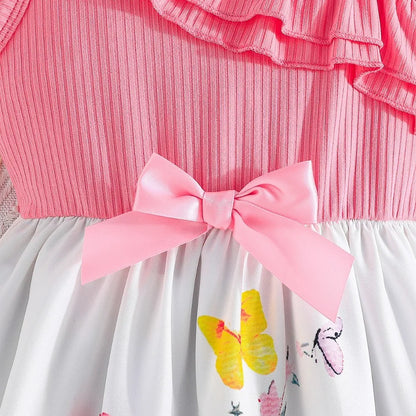Girls Dress, Suitable for Girls Aged 4-8, New Summer Fashion, Butterfly Floral Print, Slanted Shoulder Suspender Dress