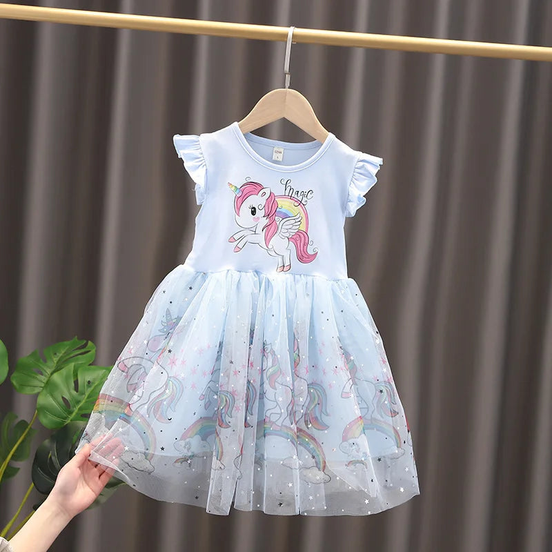 Girls Dress 2024 New Summer Princess Dresses Flying Sleeve Kids Clothes Unicorn Party Baby Dresses For Children Clothing 3-8Y