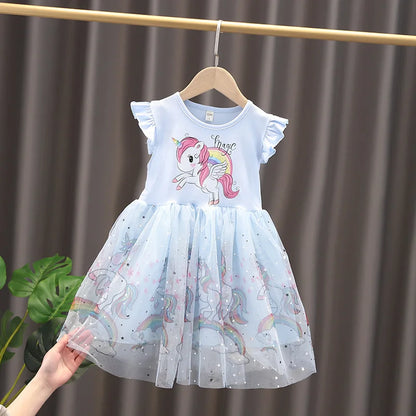 Girls Dress 2024 New Summer Princess Dresses Flying Sleeve Kids Clothes Unicorn Party Baby Dresses For Children Clothing 3-8Y