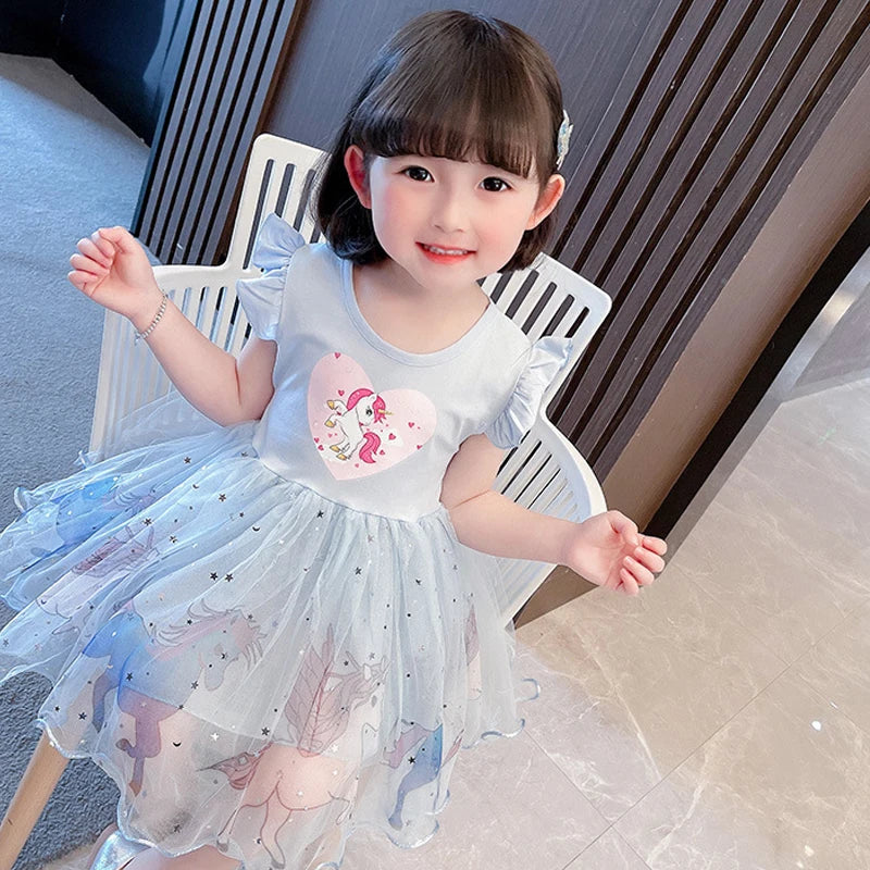 Girls Dress 2024 New Summer Princess Dresses Flying Sleeve Kids Clothes Unicorn Party Baby Dresses For Children Clothing 3-8Y