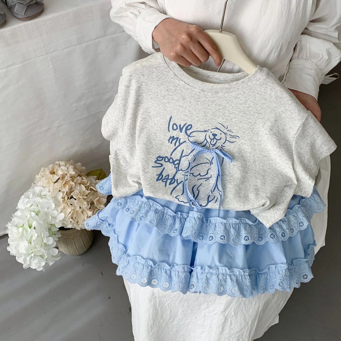 Girls 2025 Summer New Cartoon Short Sleeve T-Shirt Female Treasure Cute Bow Half-Sleeved Top Lace Skirt Set