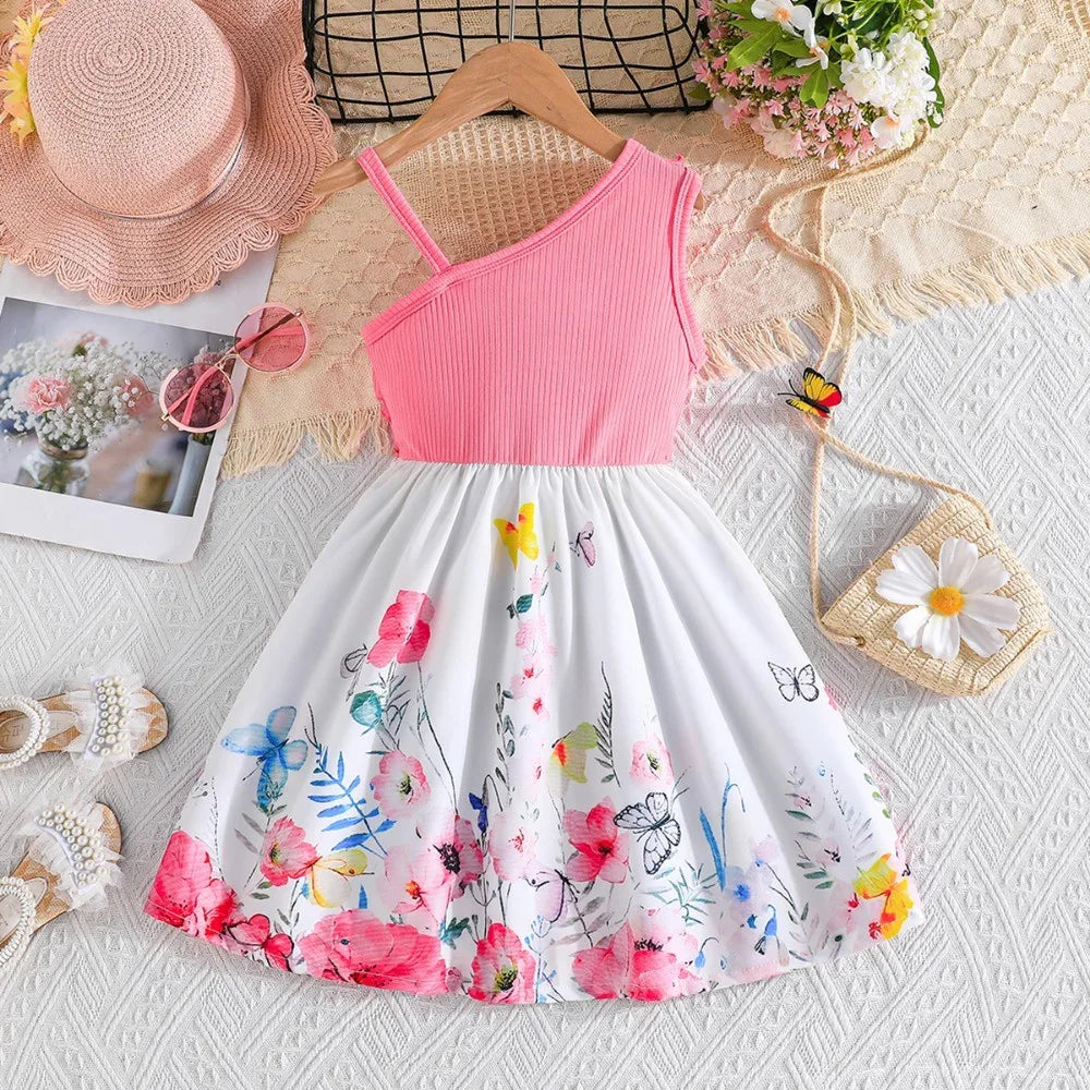 Girls Dress, Suitable for Girls Aged 4-8, New Summer Fashion, Butterfly Floral Print, Slanted Shoulder Suspender Dress