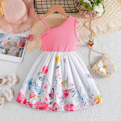 Girls Dress, Suitable for Girls Aged 4-8, New Summer Fashion, Butterfly Floral Print, Slanted Shoulder Suspender Dress