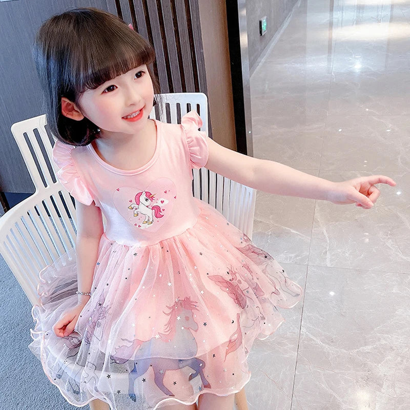 Girls Dress 2024 New Summer Princess Dresses Flying Sleeve Kids Clothes Unicorn Party Baby Dresses For Children Clothing 3-8Y