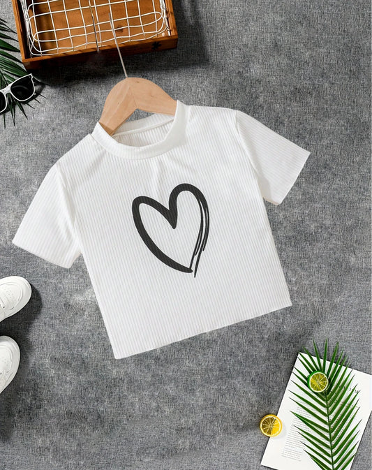 Girls' simple love pattern T-shirt: white rib knitted, comfortable and versatile style