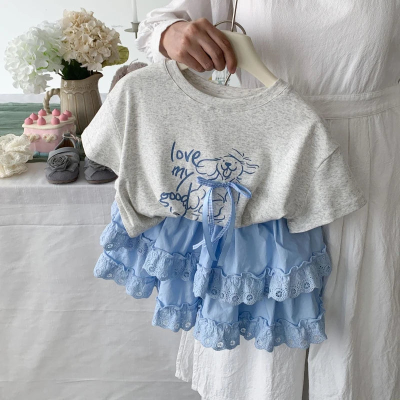 Girls 2025 Summer New Cartoon Short Sleeve T-Shirt Female Treasure Cute Bow Half-Sleeved Top Lace Skirt Set