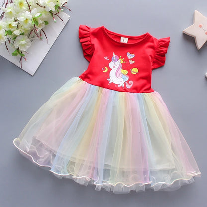 Girls Dress 2024 New Summer Princess Dresses Flying Sleeve Kids Clothes Unicorn Party Baby Dresses For Children Clothing 3-8Y