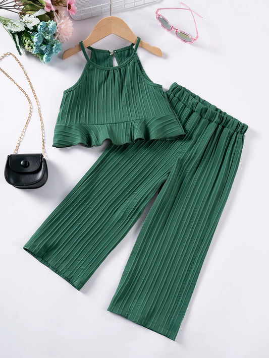 Girls Summer Beach Vacation Outfit Flattering Halter Cami Top with Ruched Detail + Flowy Wide Leg Pants Chic Girls Clothes Sets