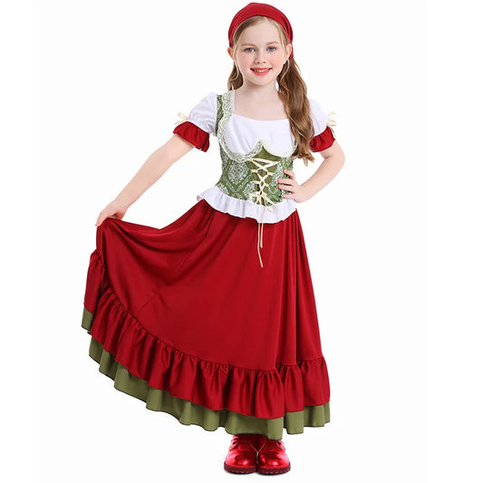 Girls Farm Skirt Dress Children's Oktoberfest Maid Waitress Bavarian Costume Halloween Carnival Party Stage Performance Clothing