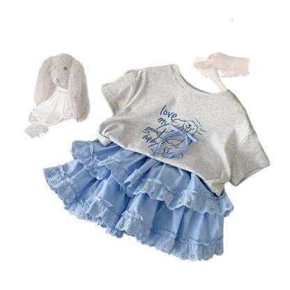 Girls 2025 Summer New Cartoon Short Sleeve T-Shirt Female Treasure Cute Bow Half-Sleeved Top Lace Skirt Set