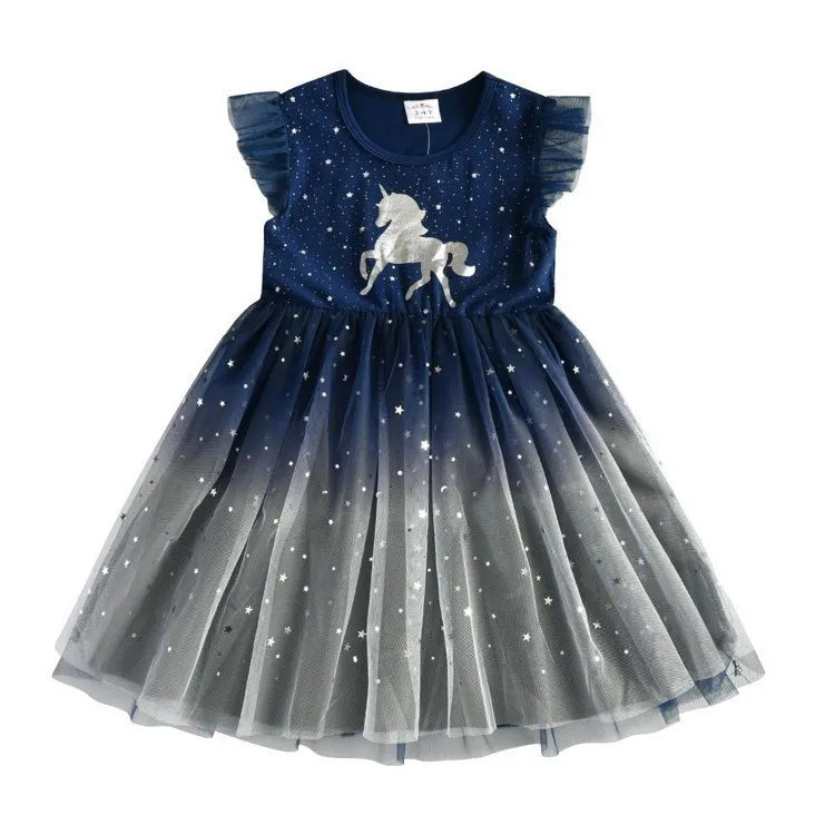 Girls Dress 2024 New Summer Princess Dresses Flying Sleeve Kids Clothes Unicorn Party Baby Dresses For Children Clothing 3-8Y
