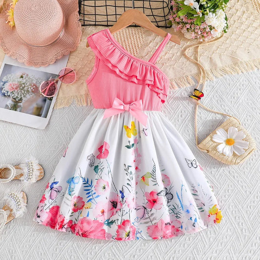 Girls Dress, Suitable for Girls Aged 4-8, New Summer Fashion, Butterfly Floral Print, Slanted Shoulder Suspender Dress