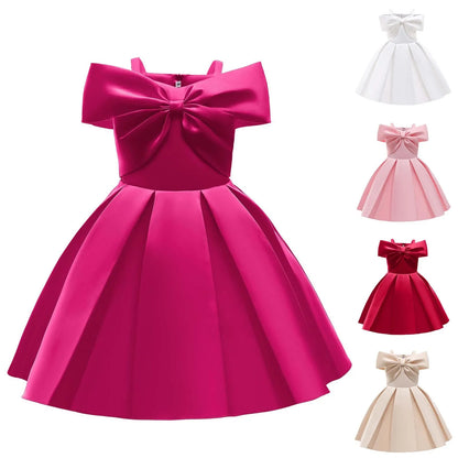 Girls Dresses 2025 Summer Off Shoulder A Line Casual Party Dresses Sweet Pink Bow Elegant Dress Size 6 Years Old Little Girls