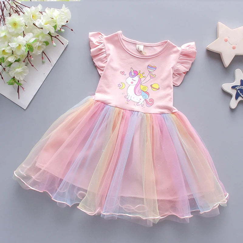 Girls Dress 2024 New Summer Princess Dresses Flying Sleeve Kids Clothes Unicorn Party Baby Dresses For Children Clothing 3-8Y