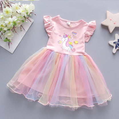 Girls Dress 2024 New Summer Princess Dresses Flying Sleeve Kids Clothes Unicorn Party Baby Dresses For Children Clothing 3-8Y